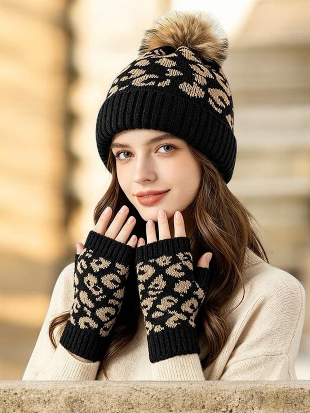 Black & Tan Leopard Knit Beanie and Fingerless Gloves Set